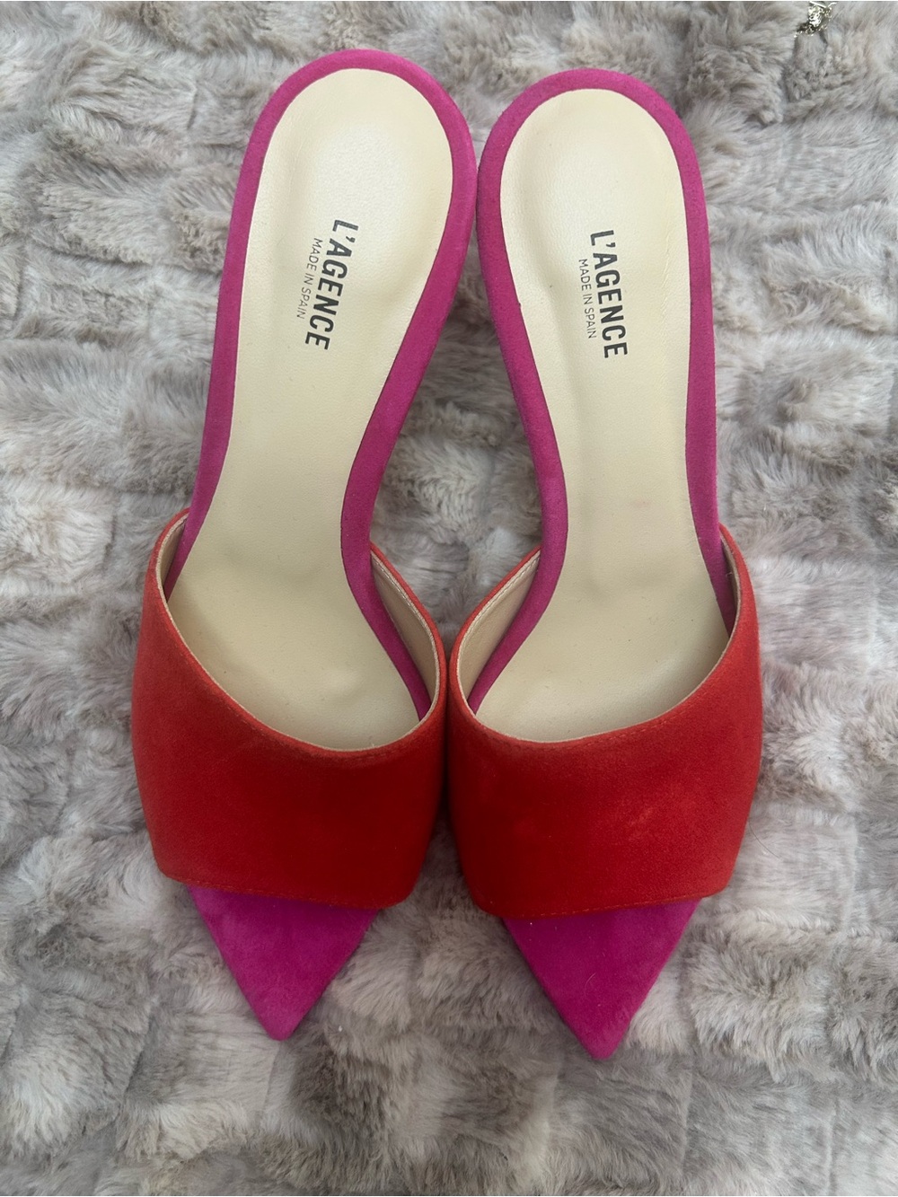 L'AGENCE Pink and Red Pointed Toe Slide Mules